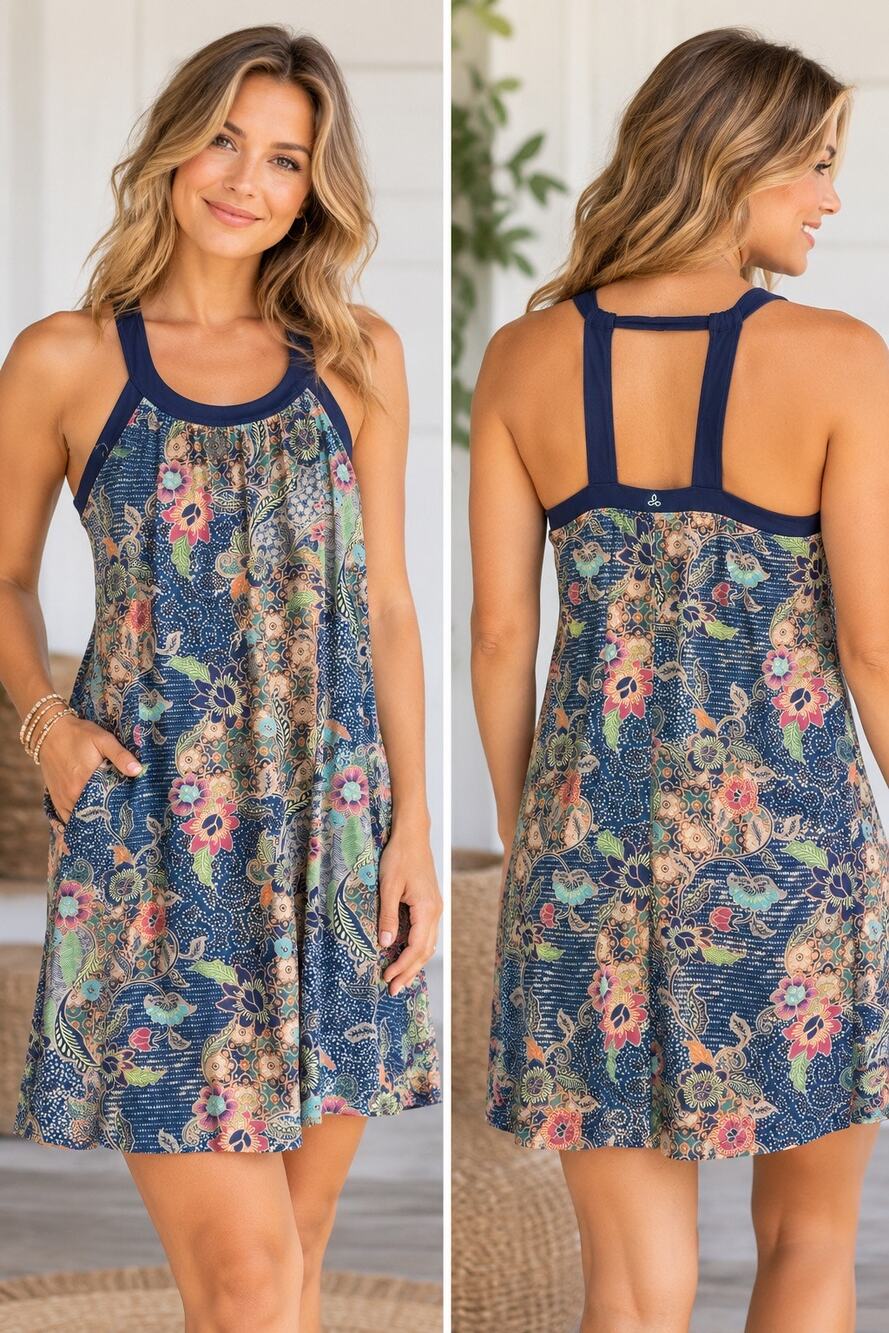 Prana Floral Paisley Athletic Dress Size Large Navy Racerback Active Travel